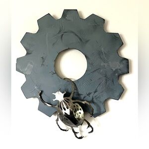 Industrial Steel Gear Wall Art with Metal Rhino Beetle Sculpture Hand Crafted
